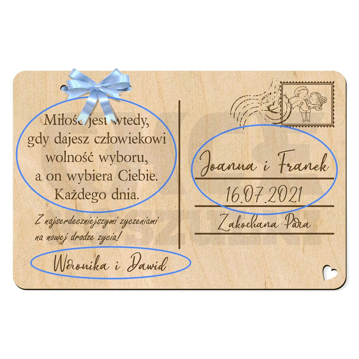 DREWNIANA KARTKA POCZTOWA ŻYCZENIA ŚLUB WESELE