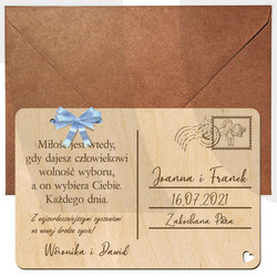 DREWNIANA KARTKA POCZTOWA ŻYCZENIA ŚLUB WESELE